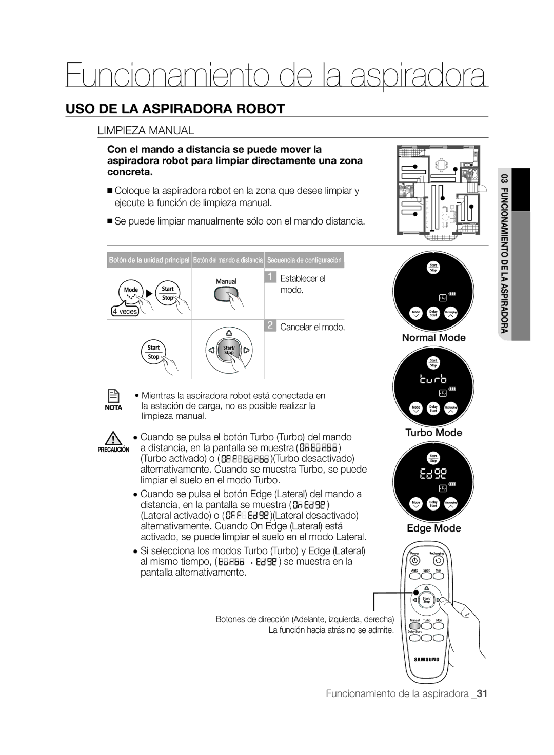 Samsung VCR8875T3A/XEF manual Limpieza Manual, Normal Mode, Turbo Mode Edge Mode 