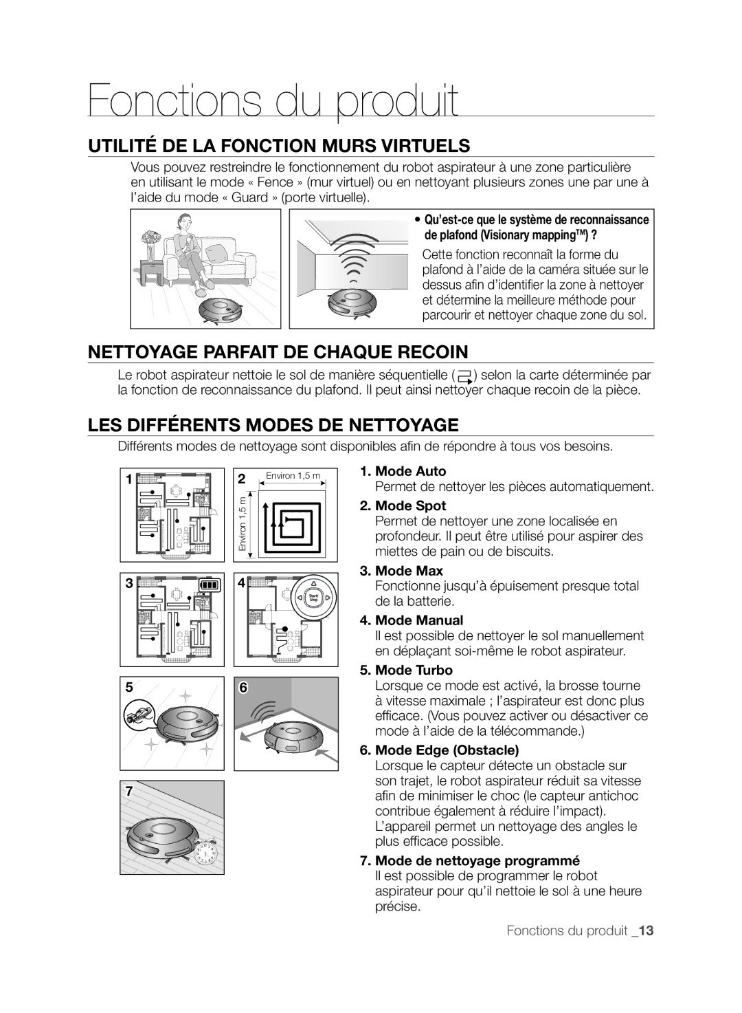 Samsung VCR8875T3A/XEF Fonctions du produit, Utilité DE LA Fonction Murs Virtuels, Nettoyage Parfait DE Chaque Recoin 