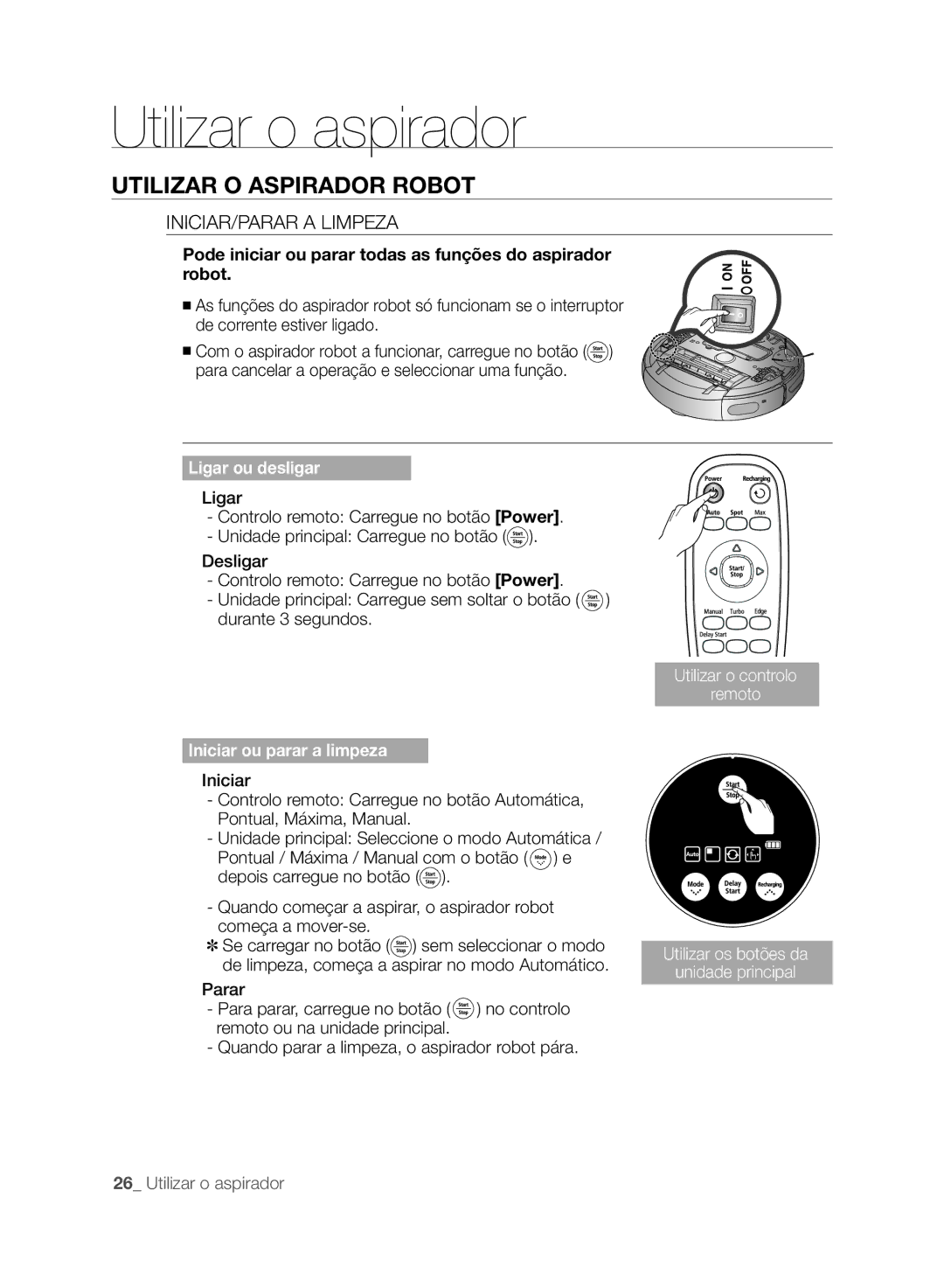 Samsung VCR8875T3A/XEF manual Utilizar O Aspirador robot, INICIAR/PARAR a Limpeza 