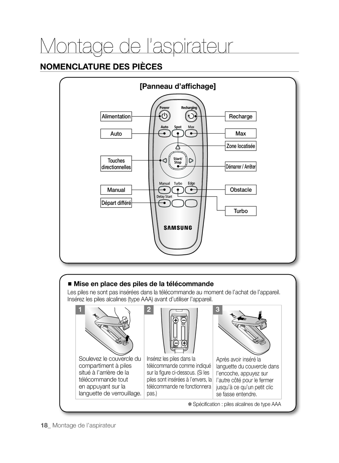 Samsung VCR8875T3A/XEF manual Panneau d’affichage, Mise en place des piles de la télécommande 