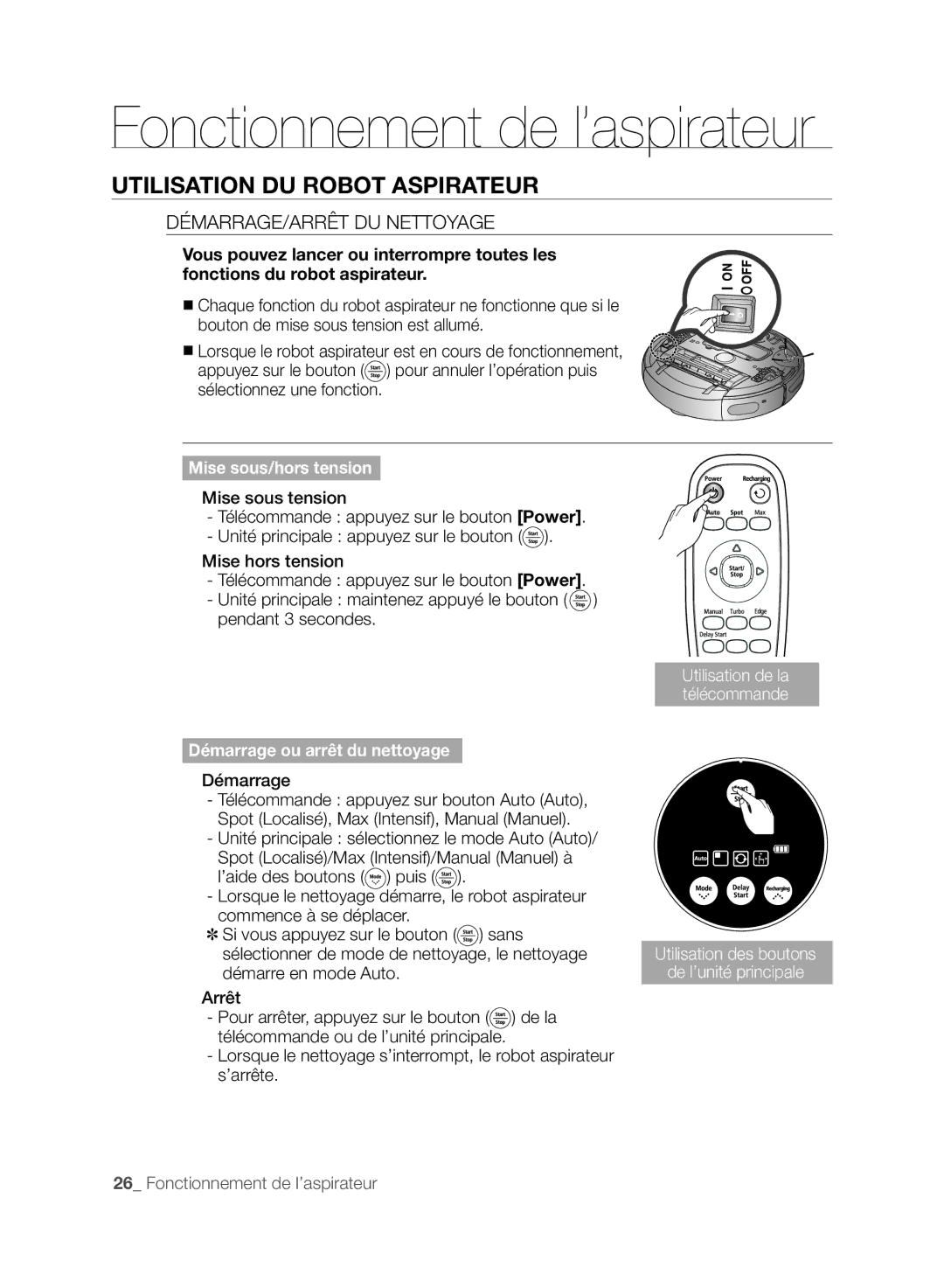 Samsung VCR8875T3A/XEF manual Utilisation DU Robot Aspirateur, DÉMARRAGE/ARRÊT DU Nettoyage, Démarre en mode Auto 