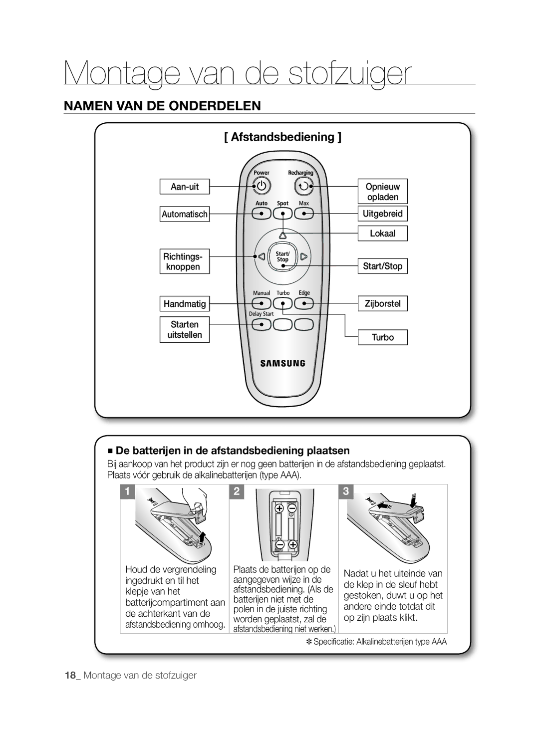 Samsung VCR8875T3A/XEF manual Afstandsbediening, De batterijen in de afstandsbediening plaatsen 