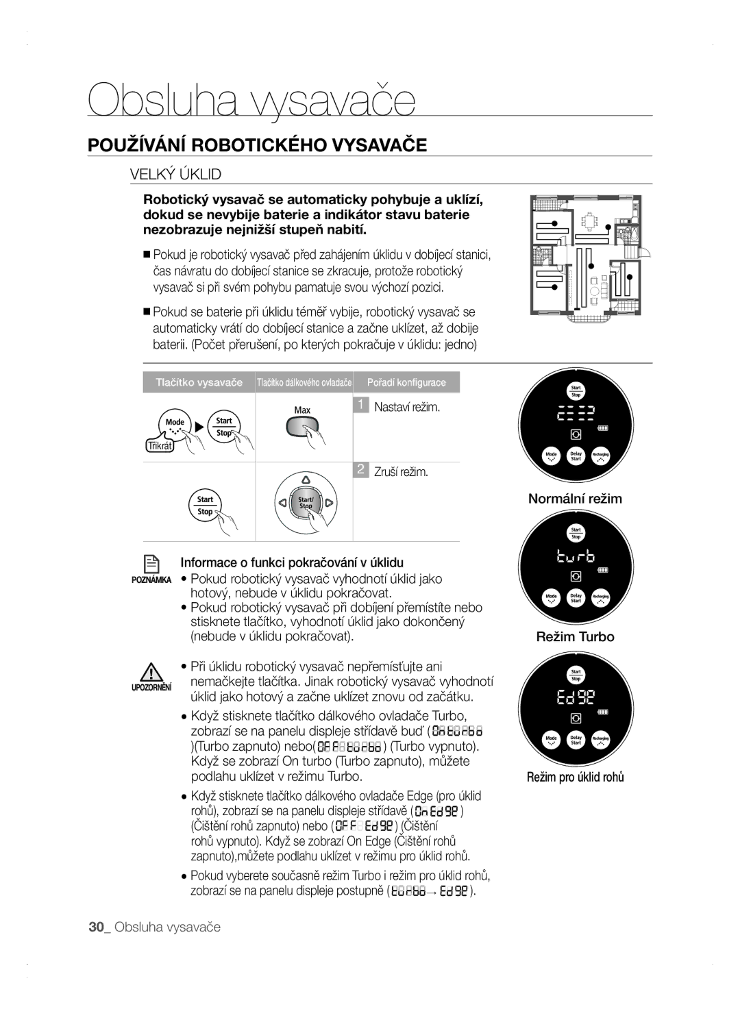 Samsung VCR8875T3A/XEO manual Velký Úklid, Rohů, zobrazí se na panelu displeje střídavě, Režim Turbo Režim pro úklid rohů 