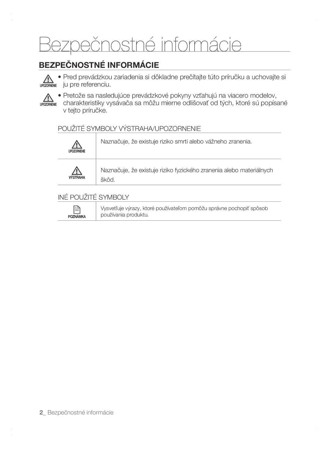 Samsung VCR8875T3A/XEO manual Bezpečnostné informácie, Bezpečnostné Informácie, Použité Symboly VÝSTRAHA/UPOZORNENIE 