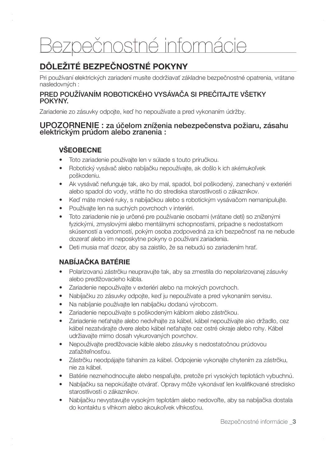 Samsung VCR8875T3A/XEF, VCR8875T3A/XEO manual Dôležité Bezpečnostné Pokyny, Všeobecne, Nabíjačka Batérie 