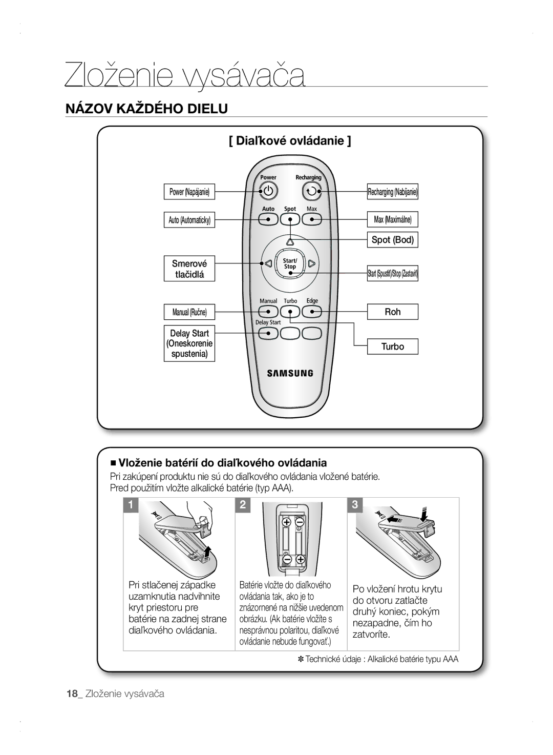 Samsung VCR8875T3A/XEO, VCR8875T3A/XEF manual Diaľkové ovládanie, Vloženie batérií do diaľkového ovládania 