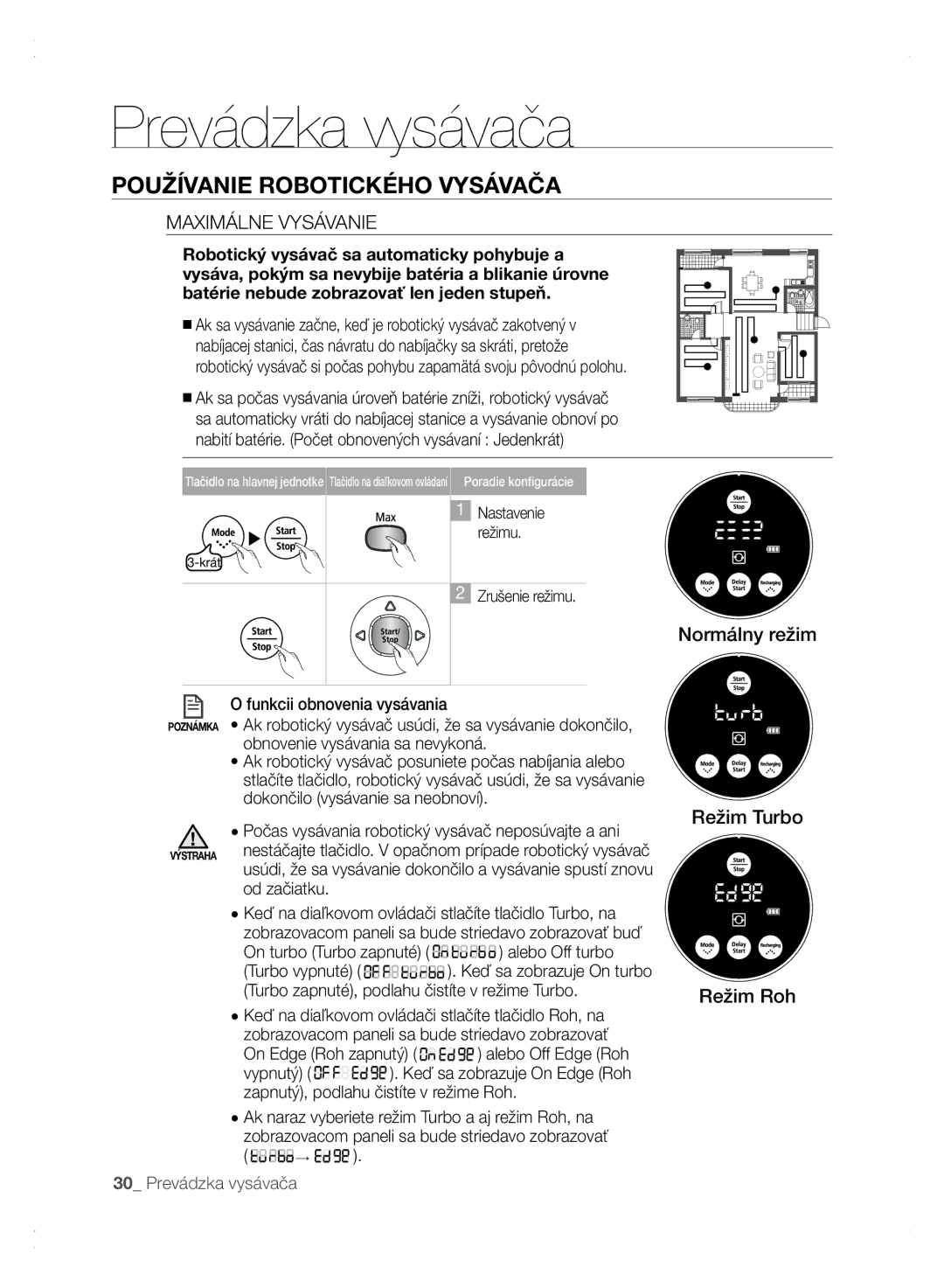 Samsung VCR8875T3A/XEO, VCR8875T3A/XEF manual Maximálne Vysávanie, Normálny režim Režim Turbo Režim Roh, Od začiatku 