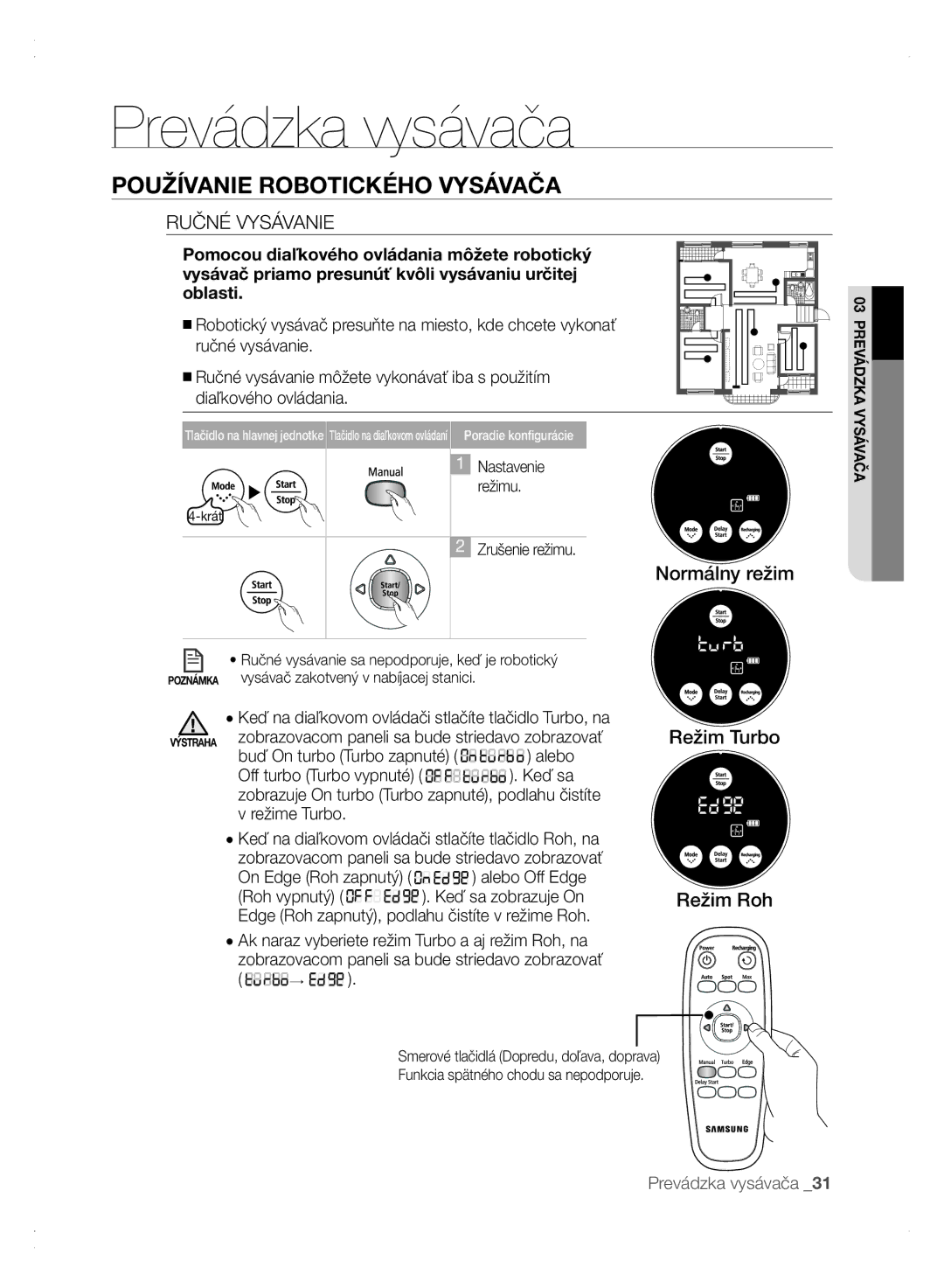 Samsung VCR8875T3A/XEF manual Ručné Vysávanie, Normálny režim, Režim Turbo Režim Roh, On Edge Roh zapnutý alebo Off Edge 