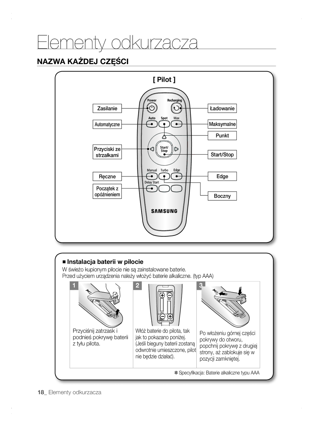 Samsung VCR8875T3A/XEO, VCR8875T3A/XEF manual Pilot, Instalacja baterii w pilocie 