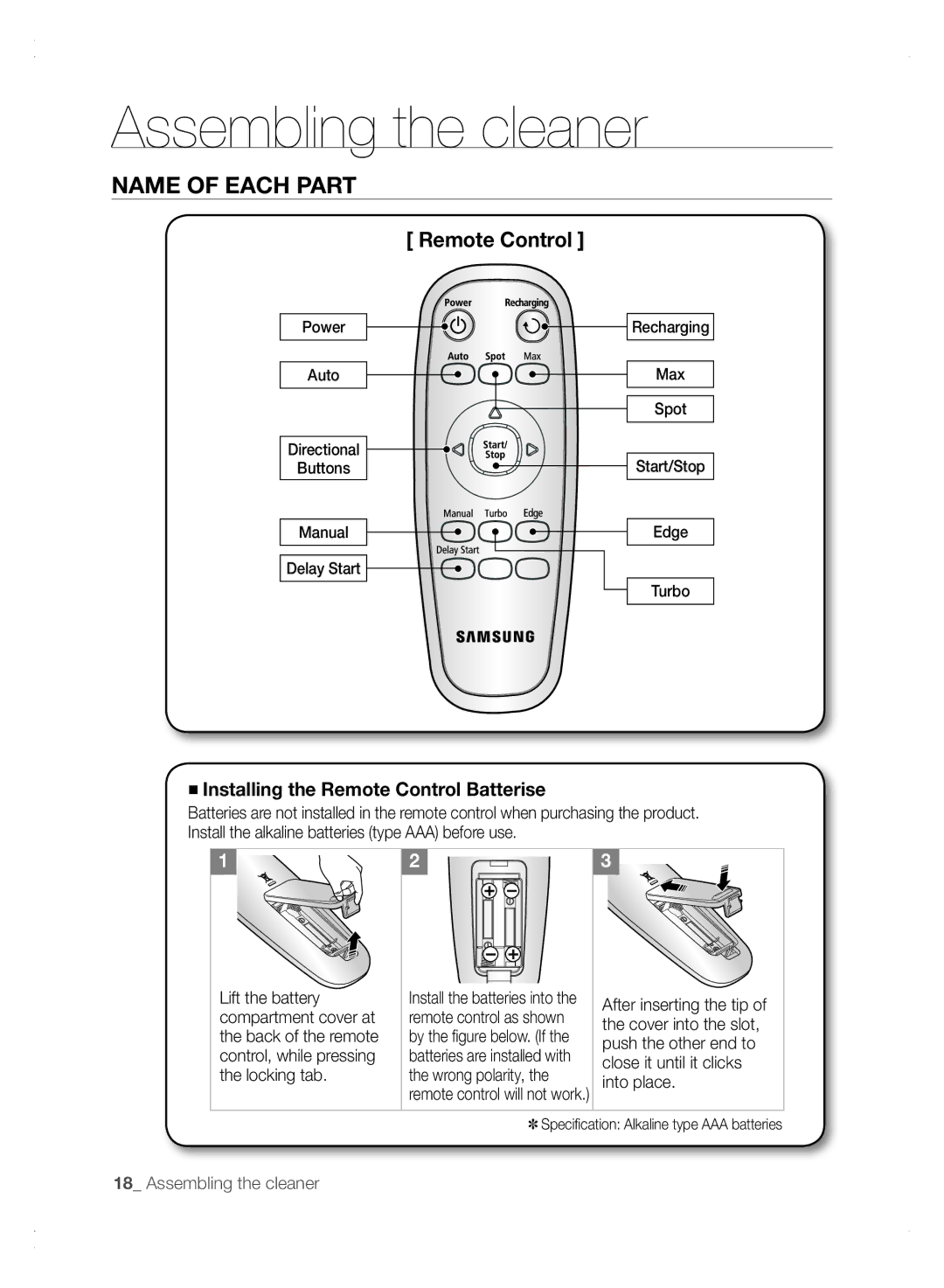 Samsung VCR8875T3A/XEO, VCR8875T3A/XEF manual Installing the Remote Control Batterise 