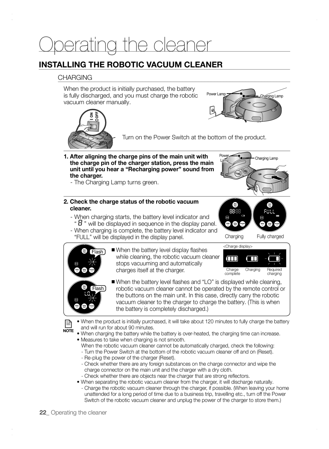 Samsung VCR8875T3A/XEO manual Charging Lamp turns green, Check the charge status of the robotic vacuum cleaner 