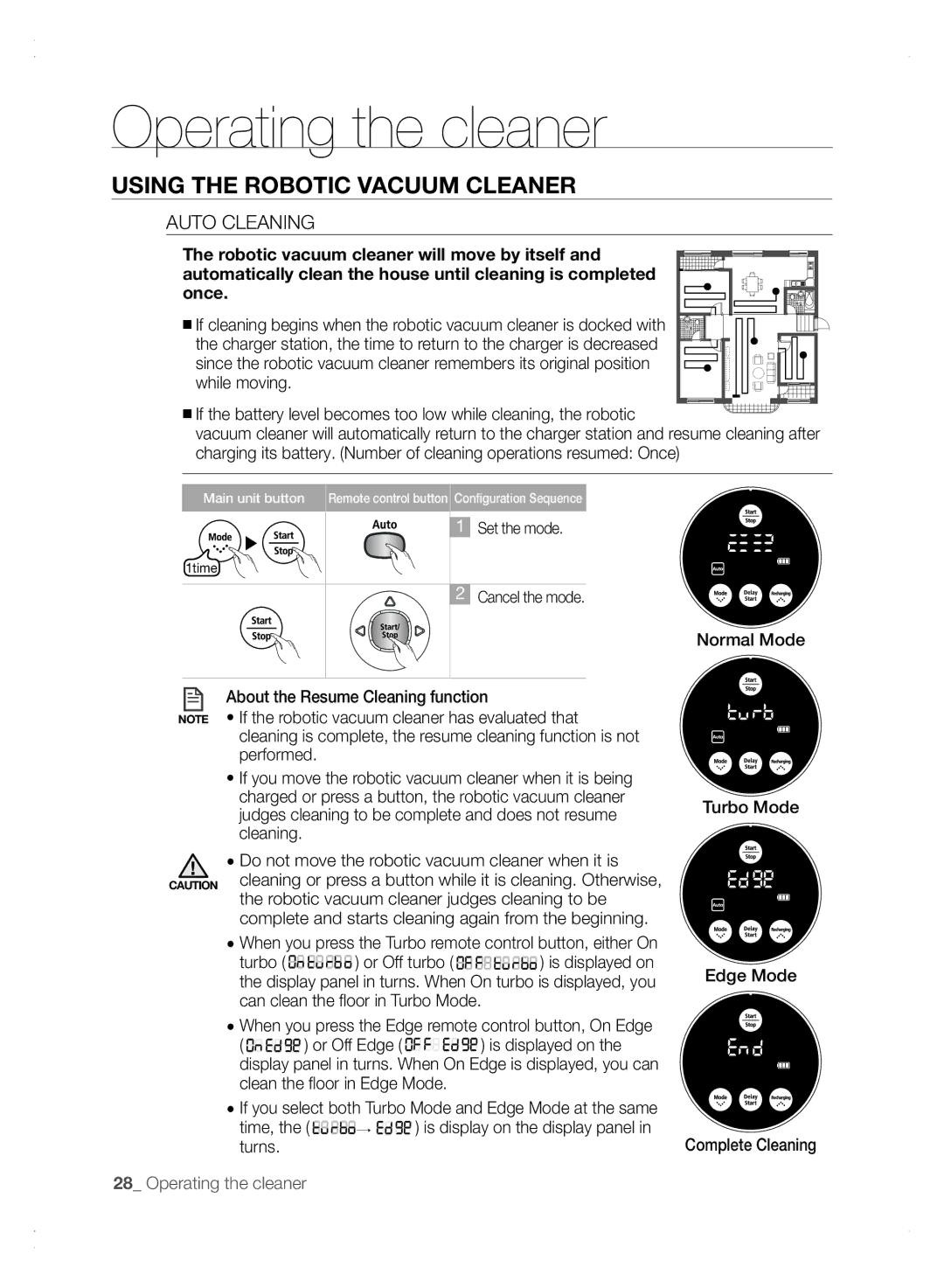 Samsung VCR8875T3A/XEO, VCR8875T3A/XEF manual Auto Cleaning, Normal Mode, Robotic vacuum cleaner judges cleaning to be 