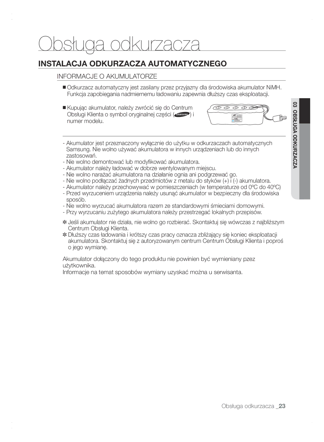 Samsung VCR8875T3A/XEF, VCR8875T3A/XEO manual Informacje O Akumulatorze 