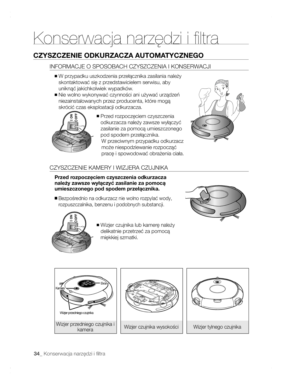 Samsung VCR8875T3A/XEO manual Konserwacja narzędzi i filtra, Czyszczenie Odkurzacza Automatycznego, Wizjer tylnego czujnika 