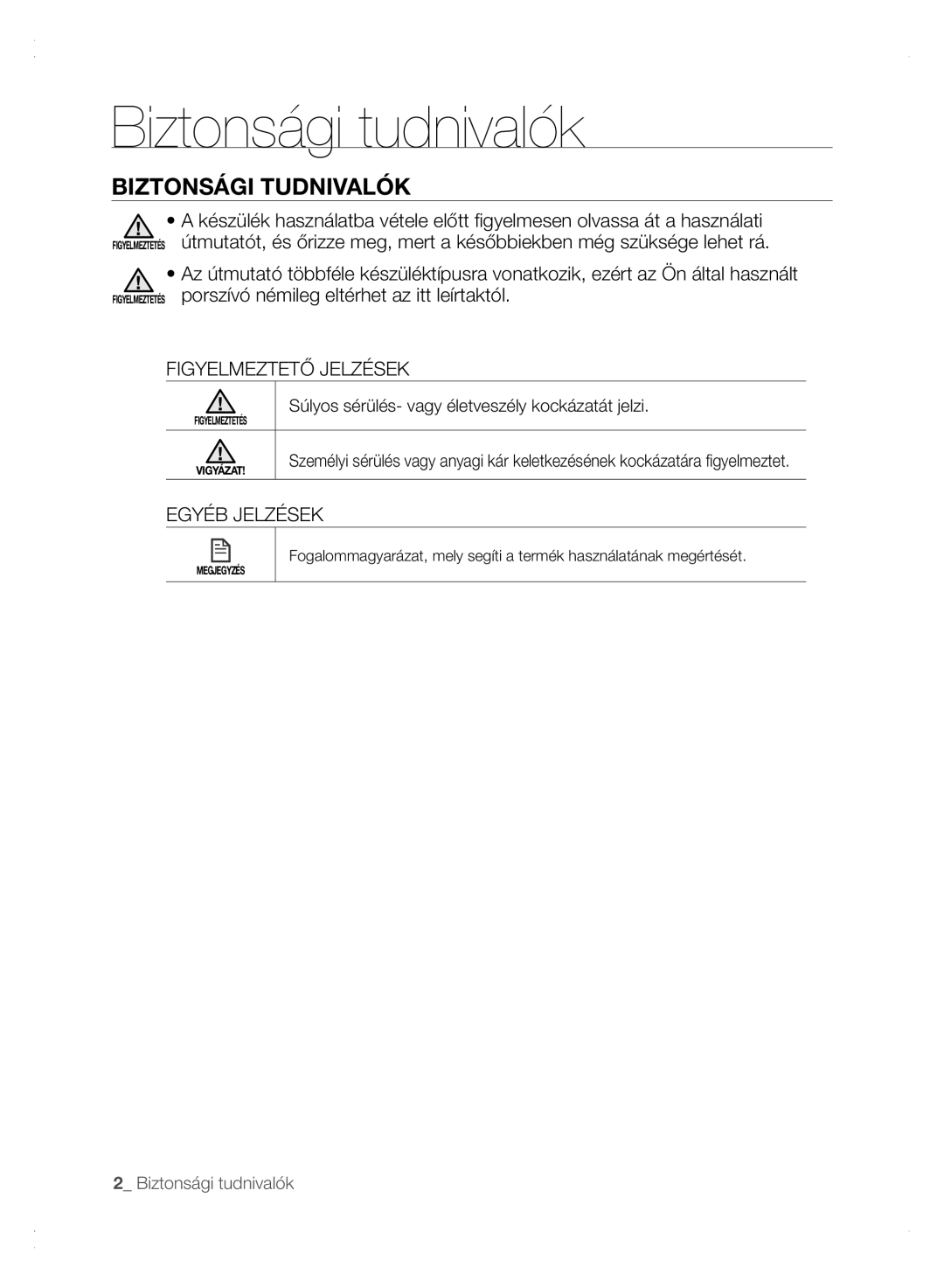 Samsung VCR8875T3A/XEO manual Biztonsági tudnivalók, Biztonsági Tudnivalók, Figyelmeztető Jelzések, Egyéb Jelzések 