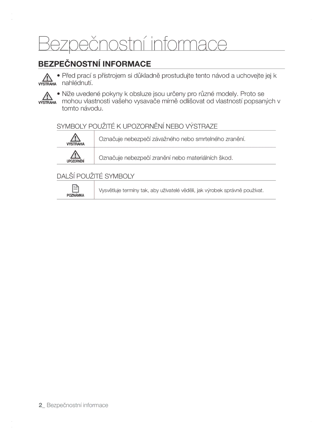 Samsung VCR8875T3A/XEO manual Bezpečnostní informace, Bezpečnostní Informace, Symboly Použité K Upozornění Nebo Výstraze 