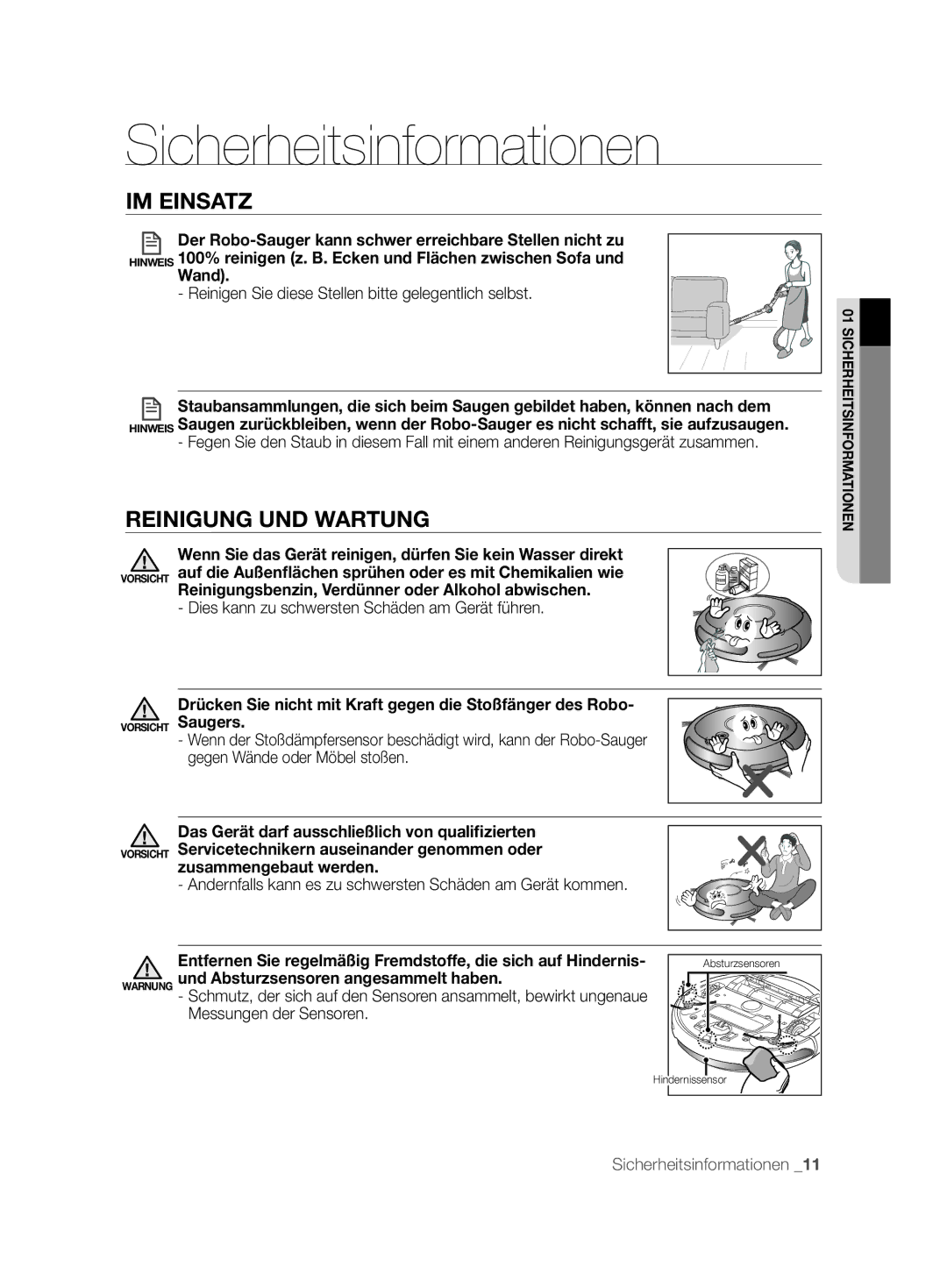 Samsung VCR8877T3A/XEG manual Reinigung UND Wartung, Drücken Sie nicht mit Kraft gegen die Stoßfänger des Robo 