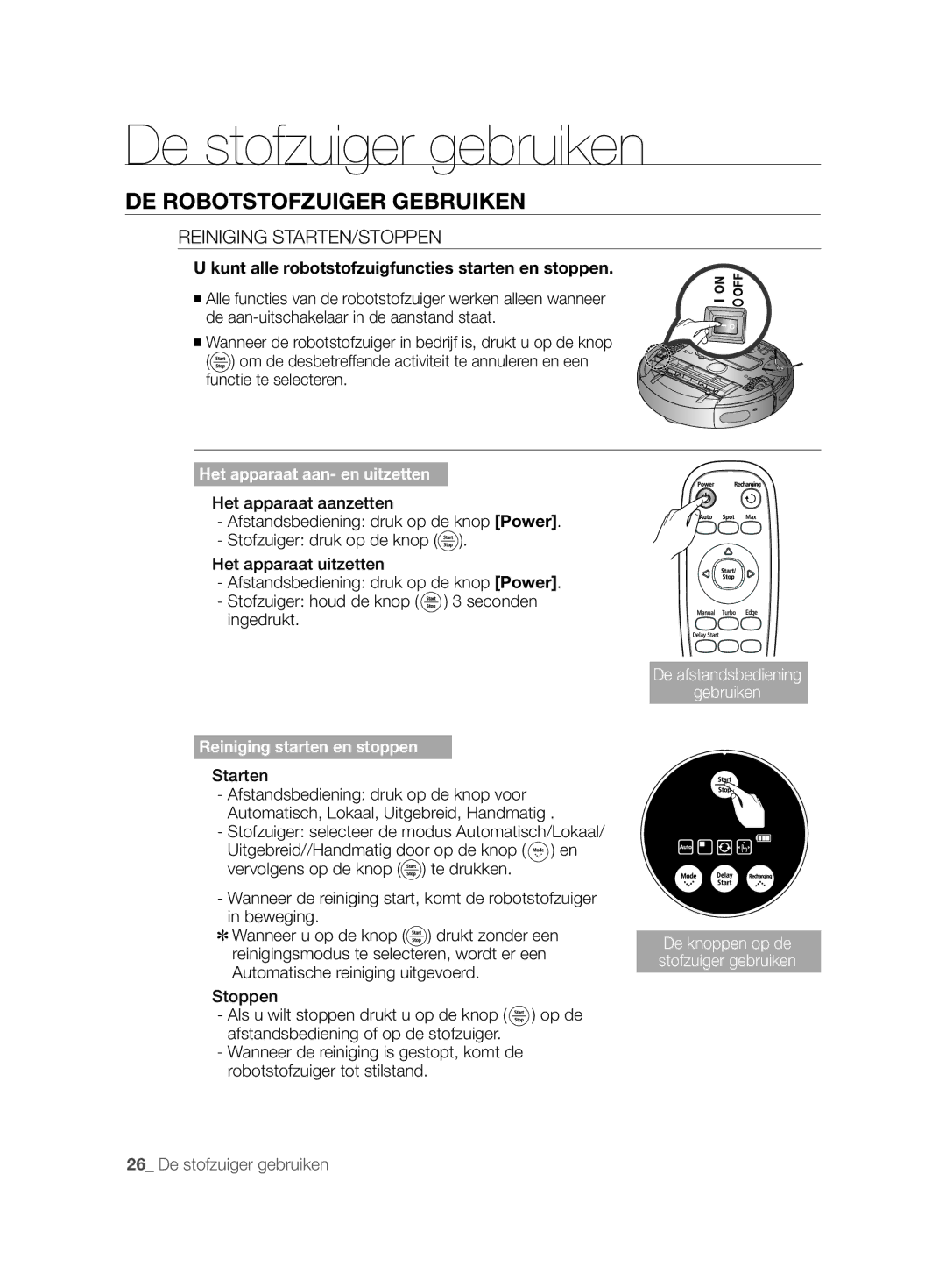 Samsung VCR8877T3A/XEG manual DE Robotstofzuiger Gebruiken, Reiniging STARTEN/STOPPEN, Starten 