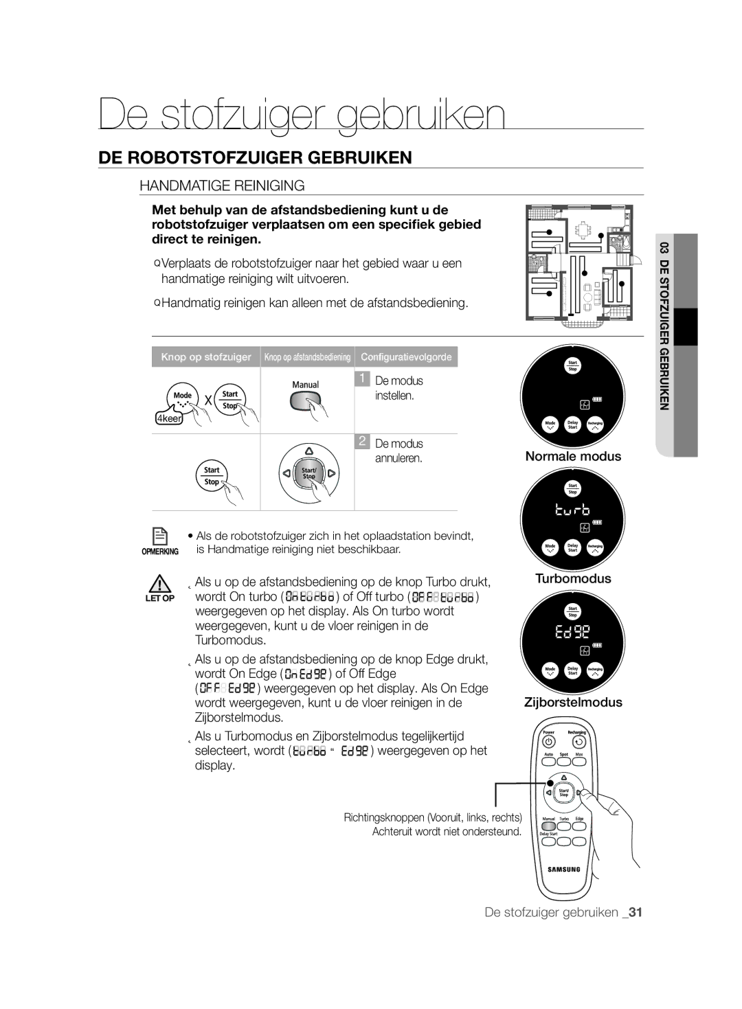 Samsung VCR8877T3A/XEG manual Handmatige Reiniging, Turbomodus Zijborstelmodus 