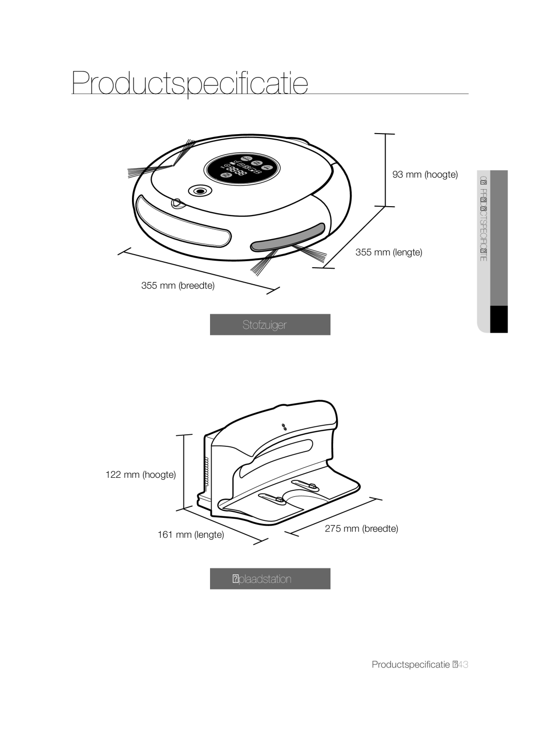 Samsung VCR8877T3A/XEG manual Productspeciﬁ catie, Mm hoogte Mm lengte Mm breedte 