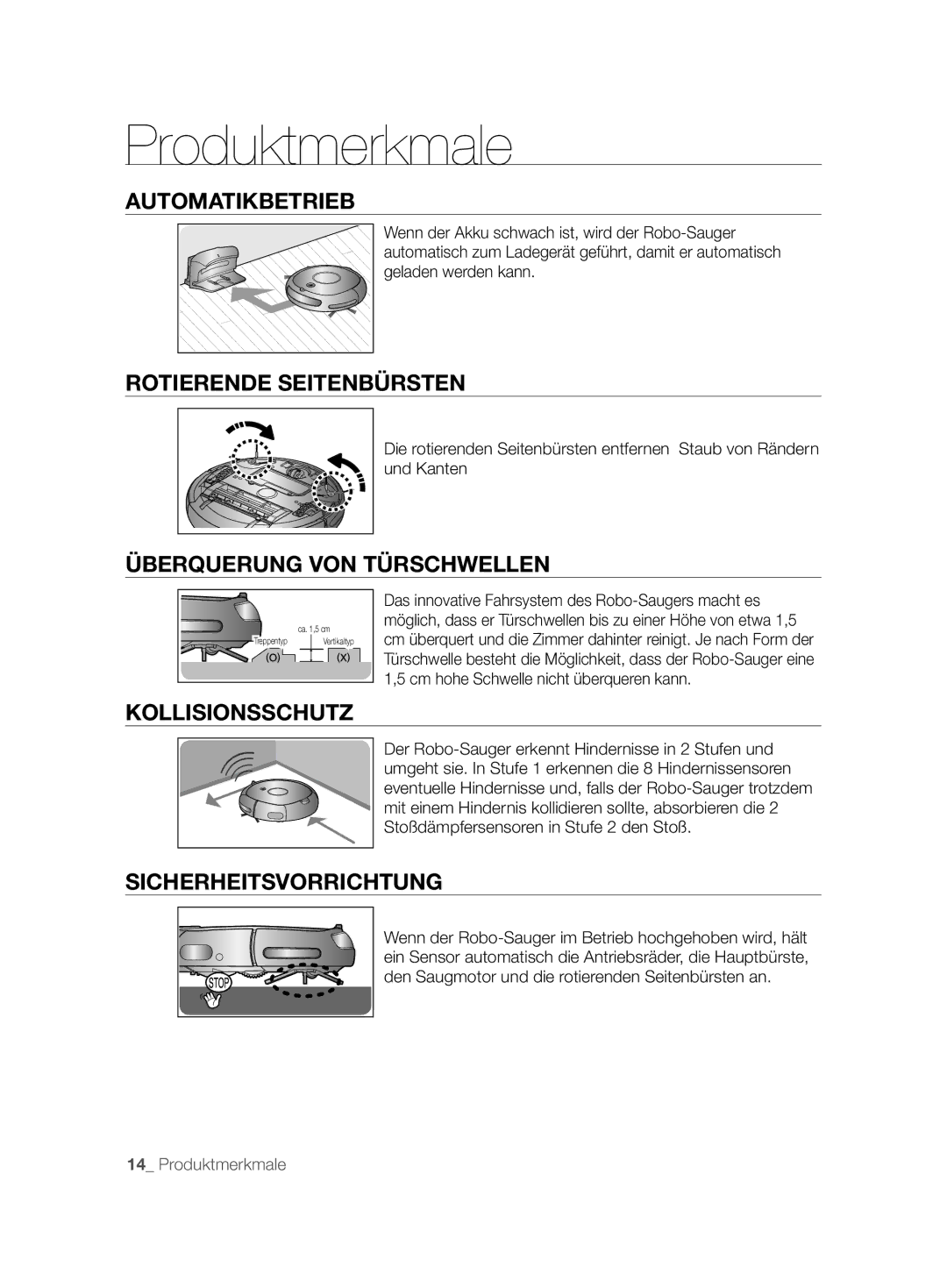 Samsung VCR8877T3A/XEG manual Automatikbetrieb, Rotierende Seitenbürsten, Überquerung VON Türschwellen, Kollisionsschutz 