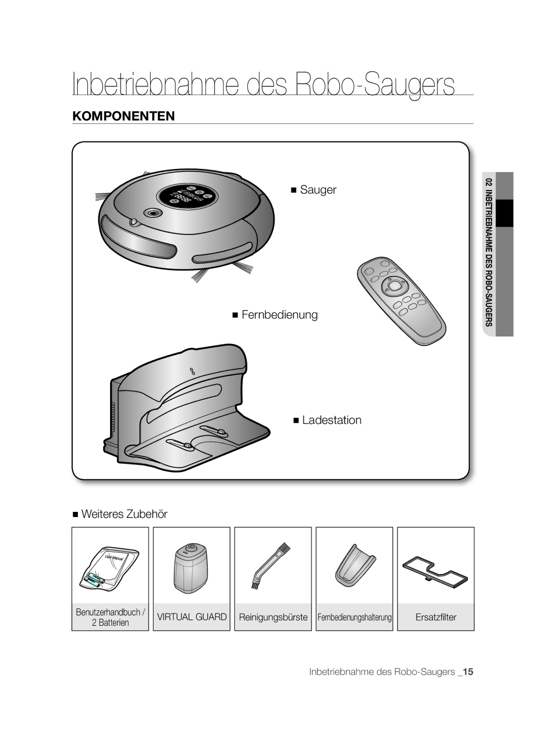 Samsung VCR8877T3A/XEG manual Inbetriebnahme des Robo-Saugers, Komponenten 