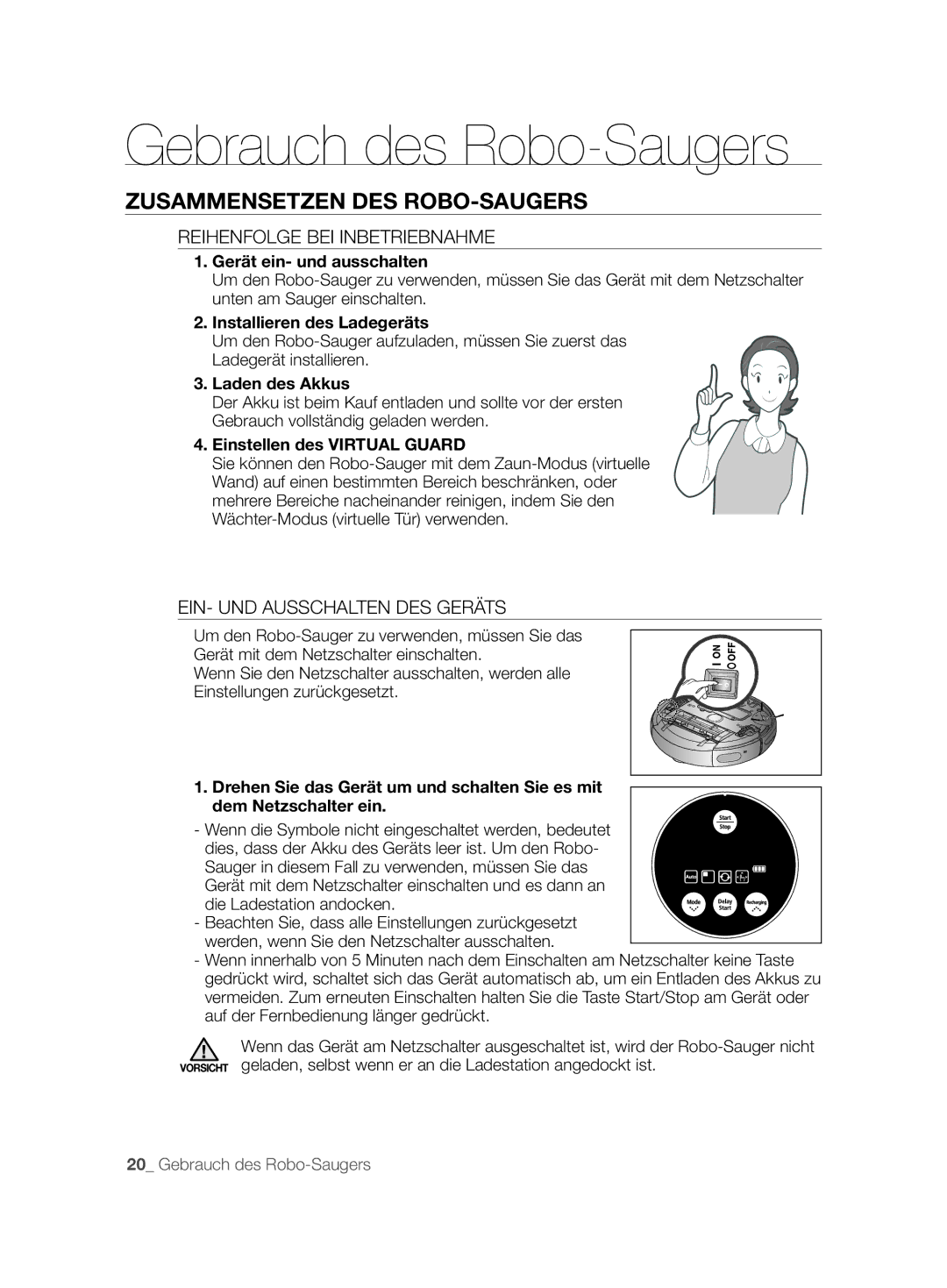 Samsung VCR8877T3A/XEG manual Gebrauch des Robo-Saugers, Zusammensetzen DES ROBO-SAUGERS, Reihenfolge BEI Inbetriebnahme 