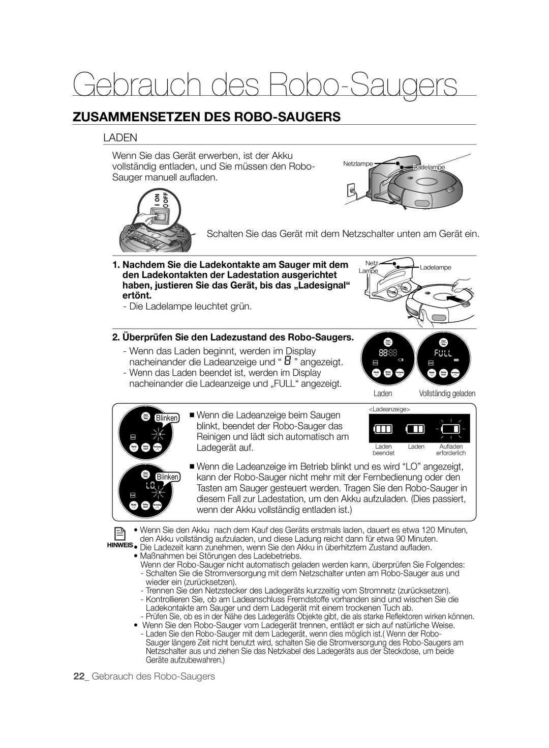 Samsung VCR8877T3A/XEG manual Laden, Die Ladelampe leuchtet grün, Überprüfen Sie den Ladezustand des Robo-Saugers 