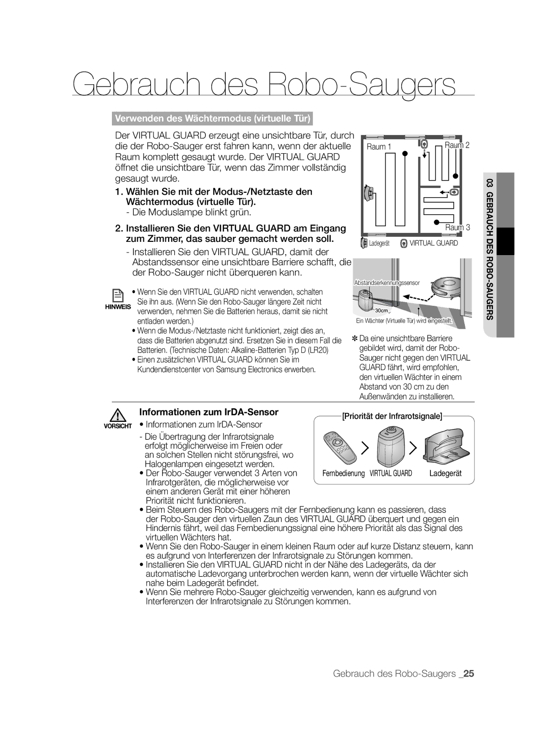 Samsung VCR8877T3A/XEG manual Verwenden des Wächtermodus virtuelle Tür, Informationen zum IrDA-Sensor 