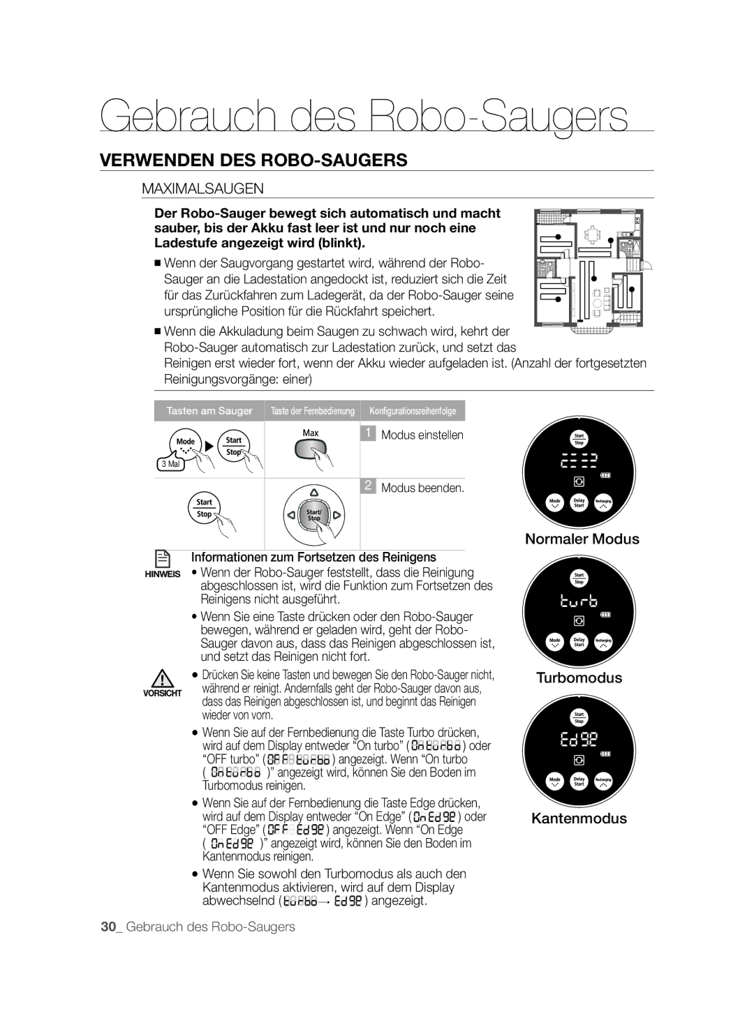 Samsung VCR8877T3A/XEG manual Maximalsaugen, Informationen zum Fortsetzen des Reinigens, Wieder von vorn 