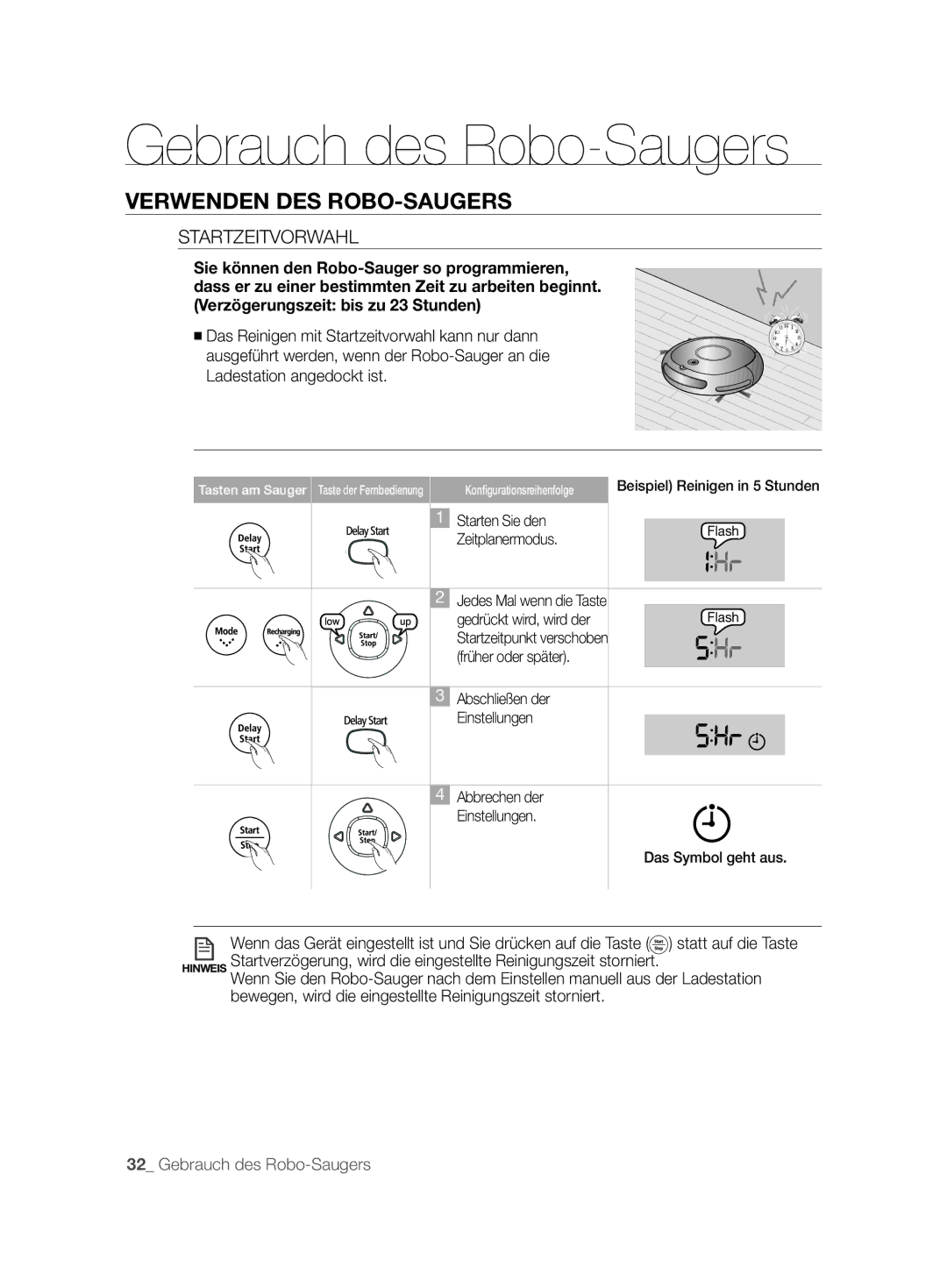 Samsung VCR8877T3A/XEG manual Startzeitvorwahl, Bewegen, wird die eingestellte Reinigungszeit storniert 