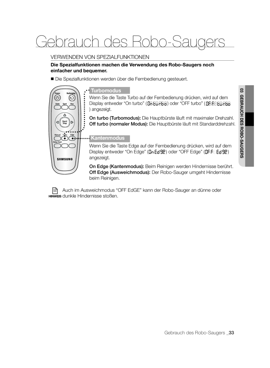 Samsung VCR8877T3A/XEG manual Verwenden VON Spezialfunktionen, Display entweder On turbo oder OFF turbo angezeigt 