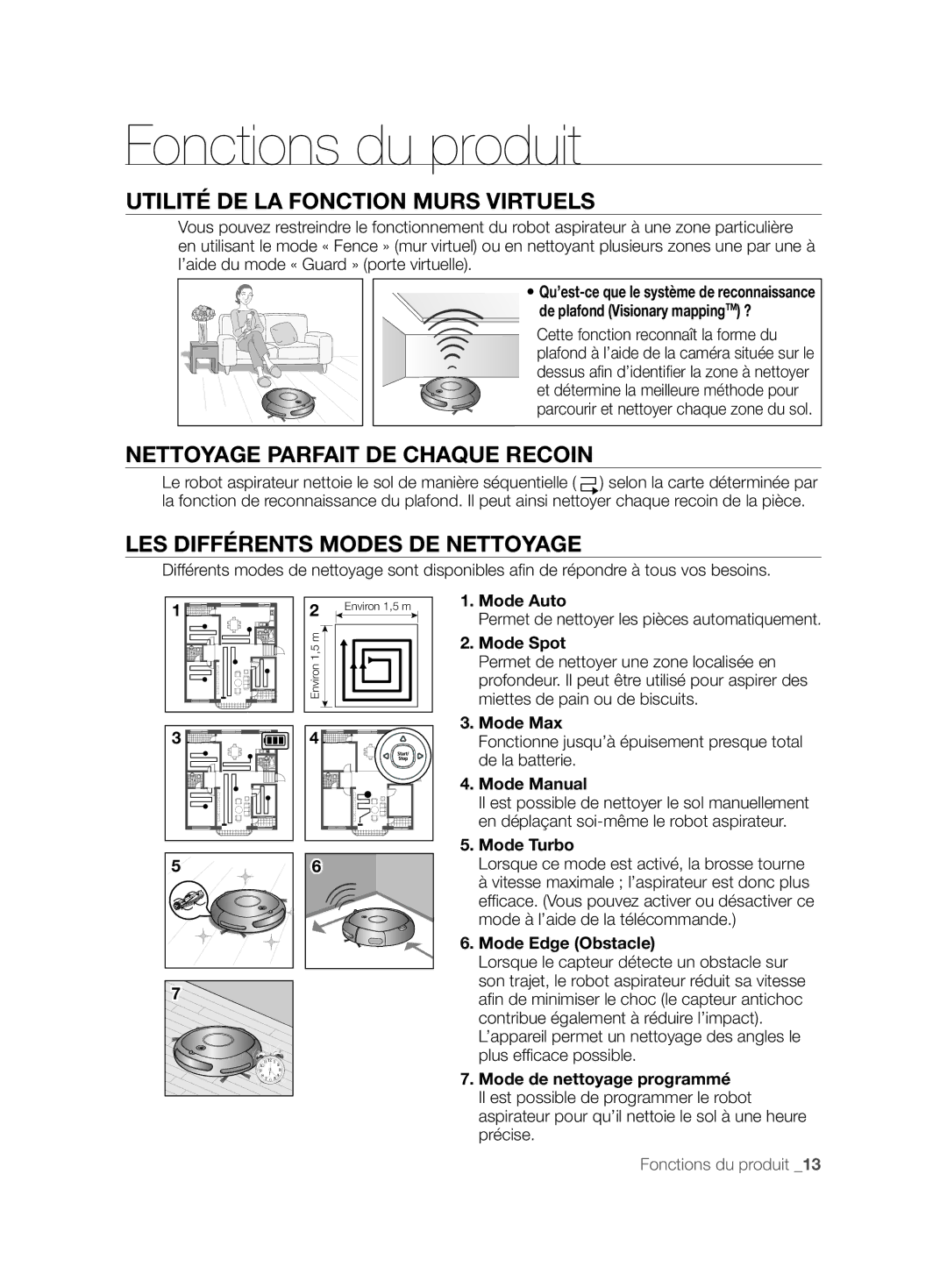 Samsung VCR8877T3A/XEG Fonctions du produit, Utilité DE LA Fonction Murs Virtuels, Nettoyage Parfait DE Chaque Recoin 