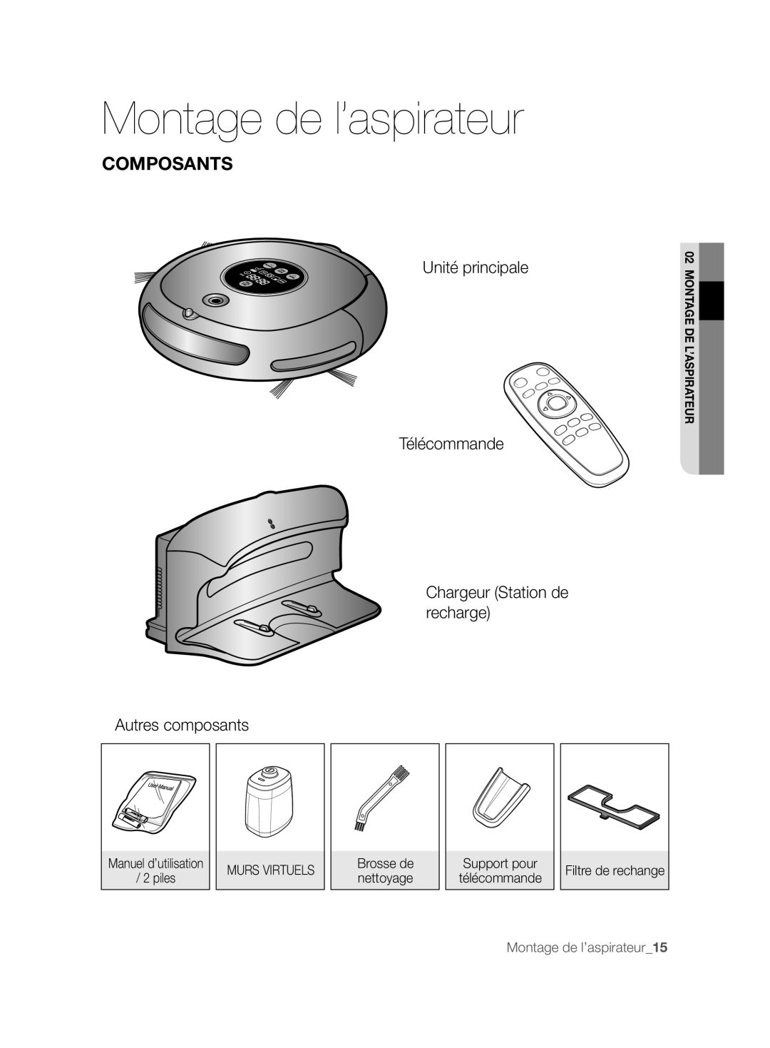 Samsung VCR8877T3A/XEG manual Montage de l’aspirateur, Composants, Support pour Télécommande 