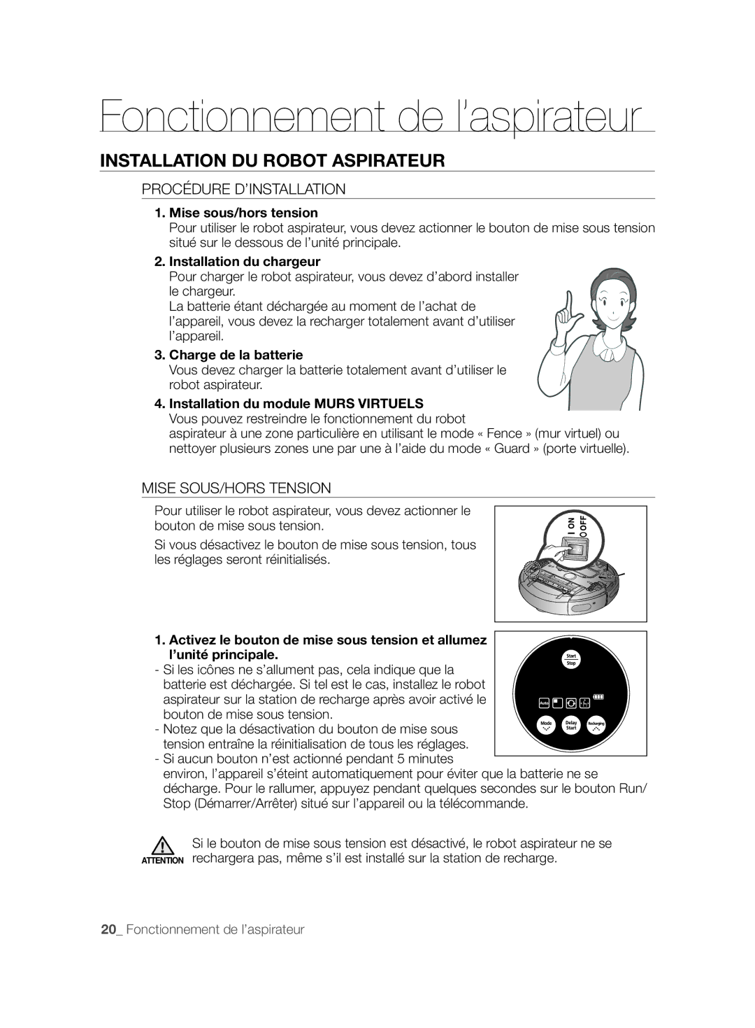 Samsung VCR8877T3A/XEG manual Fonctionnement de l’aspirateur, Installation DU Robot Aspirateur, Procédure D’INSTALLATION 