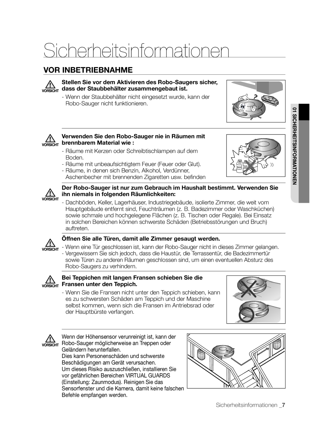 Samsung VCR8877T3A/XEG manual VOR Inbetriebnahme, Räume mit Kerzen oder Schreibtischlampen auf dem Boden 