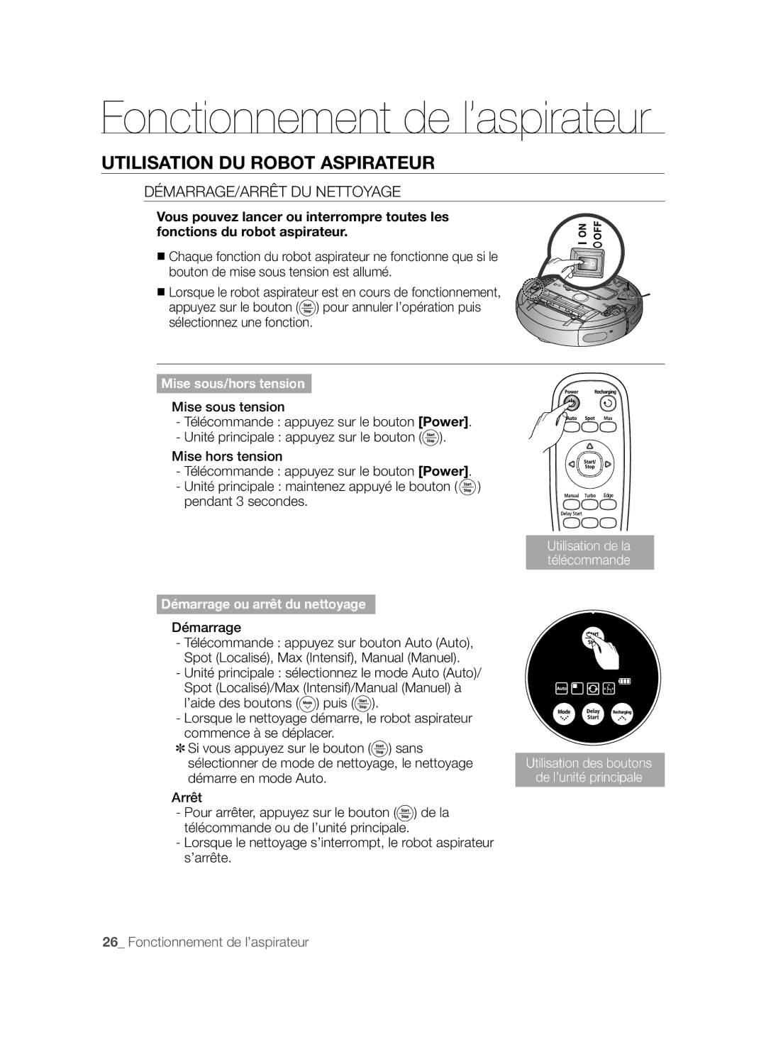 Samsung VCR8877T3A/XEG manual Utilisation DU Robot Aspirateur, DÉMARRAGE/ARRÊT DU Nettoyage, Démarre en mode Auto 