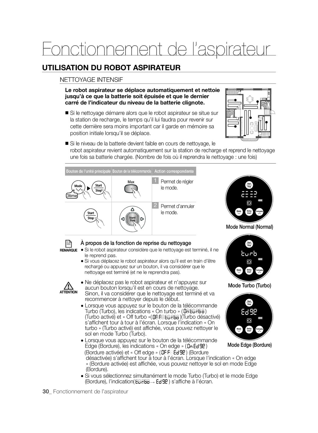 Samsung VCR8877T3A/XEG manual Nettoyage Intensif, Ne déplacez pas le robot aspirateur et n’appuyez sur 