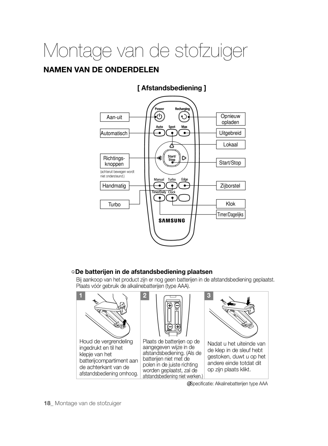 Samsung VCR8894L3R/XEG, VCR8896L3R/SWS, VCR8896L3B/XEG Afstandsbediening, De batterijen in de afstandsbediening plaatsen 