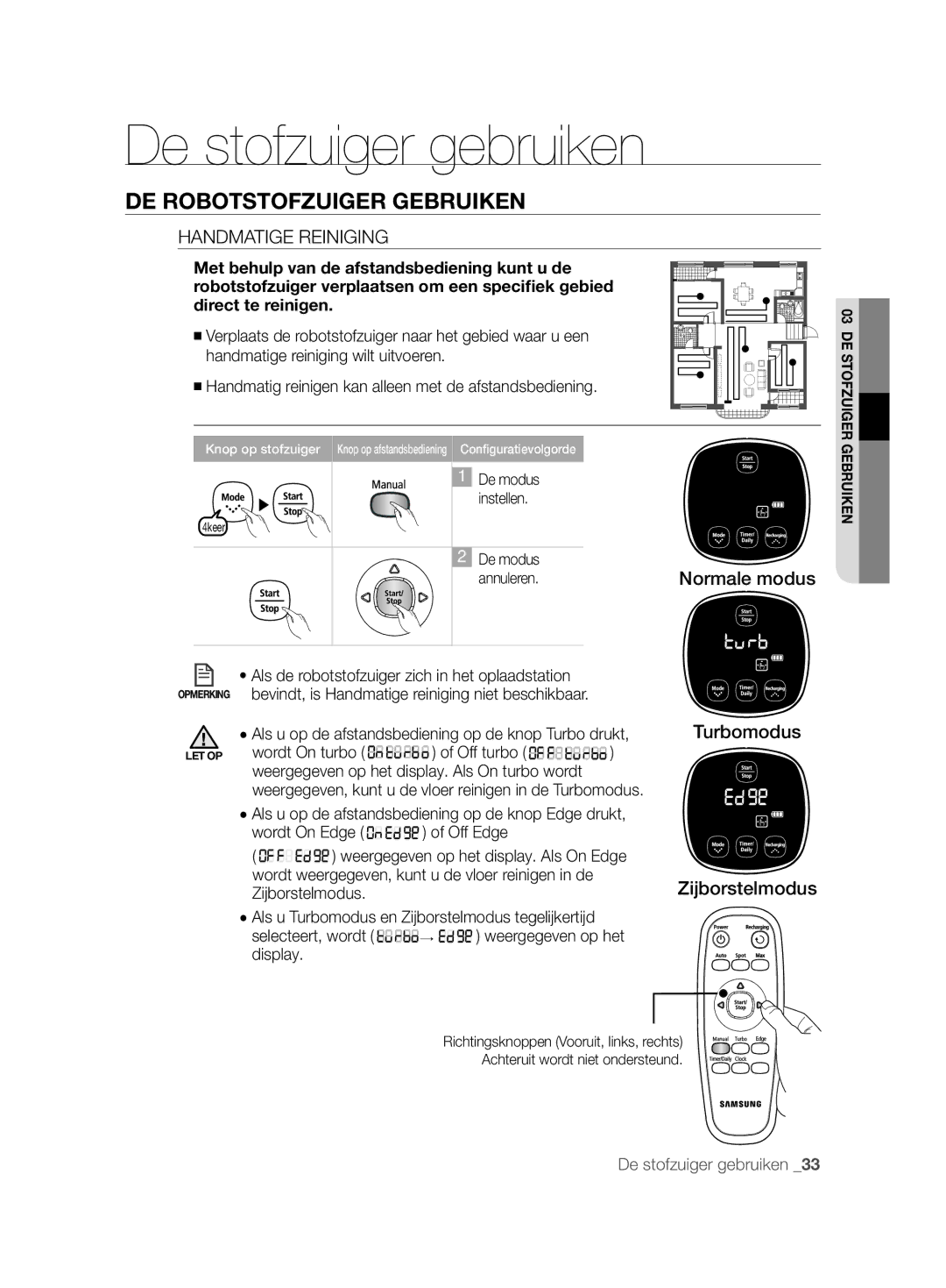 Samsung VCR8894L3R/XEG, VCR8896L3R/SWS, VCR8896L3B/XEG manual Handmatige Reiniging, Normale modus Turbomodus Zijborstelmodus 