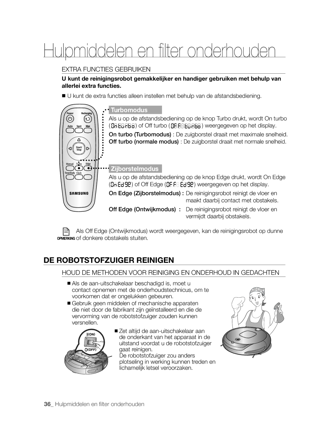 Samsung VCR8894L3R/XEG, VCR8896L3R/SWS, VCR8896L3B/XEG manual DE Robotstofzuiger Reinigen, Extra Functies Gebruiken 