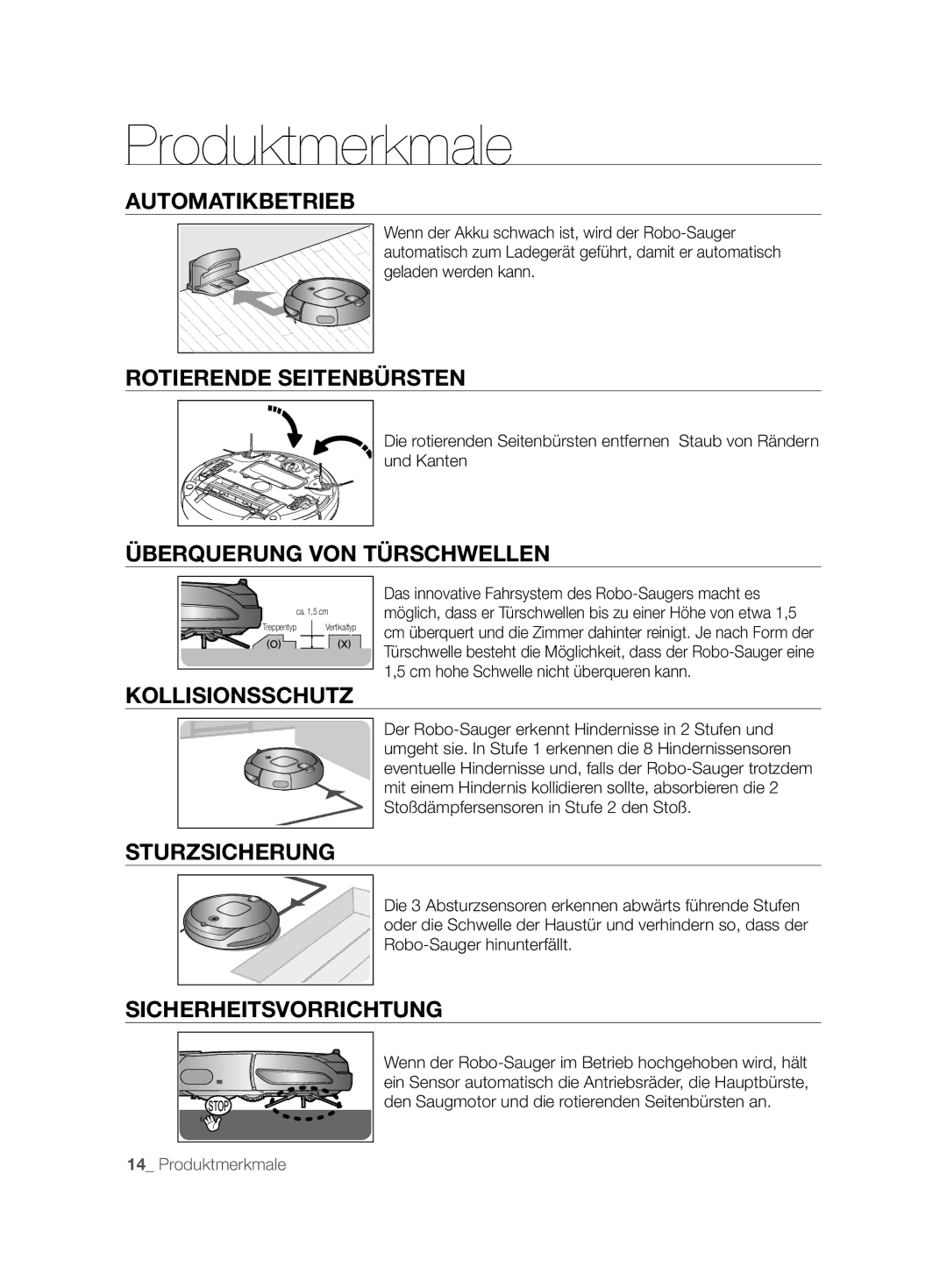 Samsung VCR8896L3B/XEG manual Automatikbetrieb, Rotierende Seitenbürsten, Überquerung VON Türschwellen, Kollisionsschutz 