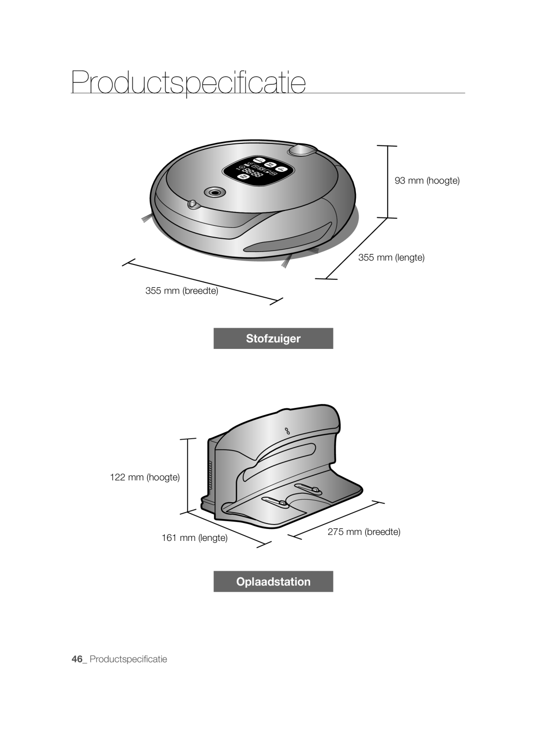 Samsung VCR8896L3R/SWS, VCR8894L3R/XEG, VCR8896L3B/XEG manual Productspeciﬁ catie, Mm hoogte Mm lengte Mm breedte 