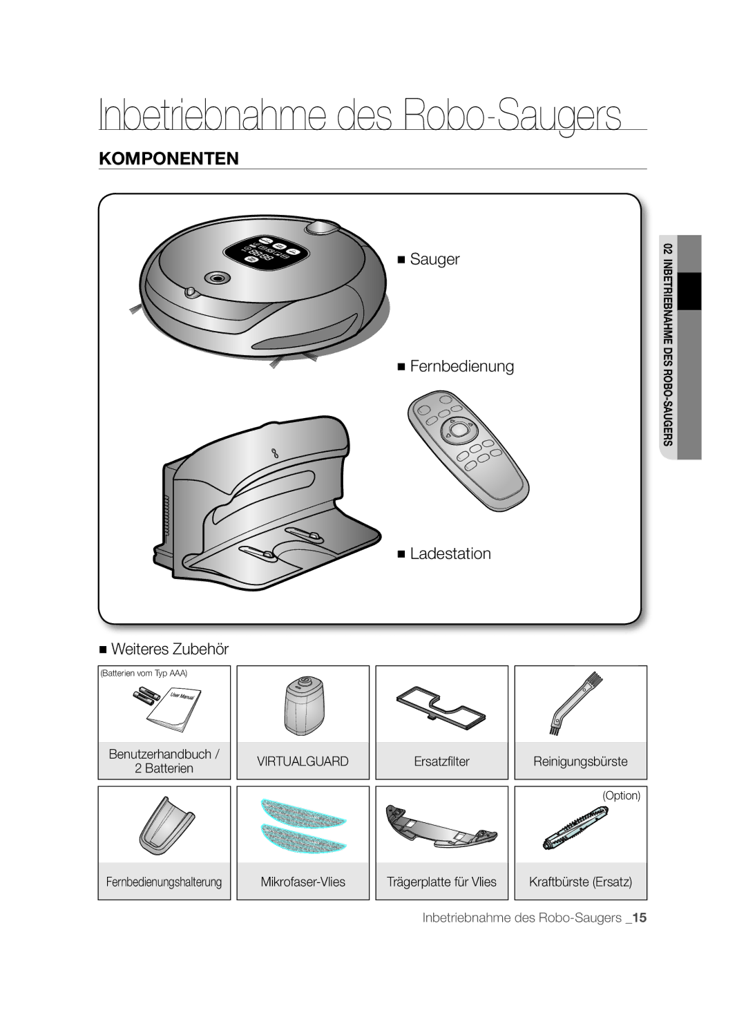 Samsung VCR8894L3R/XEG, VCR8896L3R/SWS, VCR8896L3B/XEG manual Komponenten, Benutzerhandbuch Batterien 