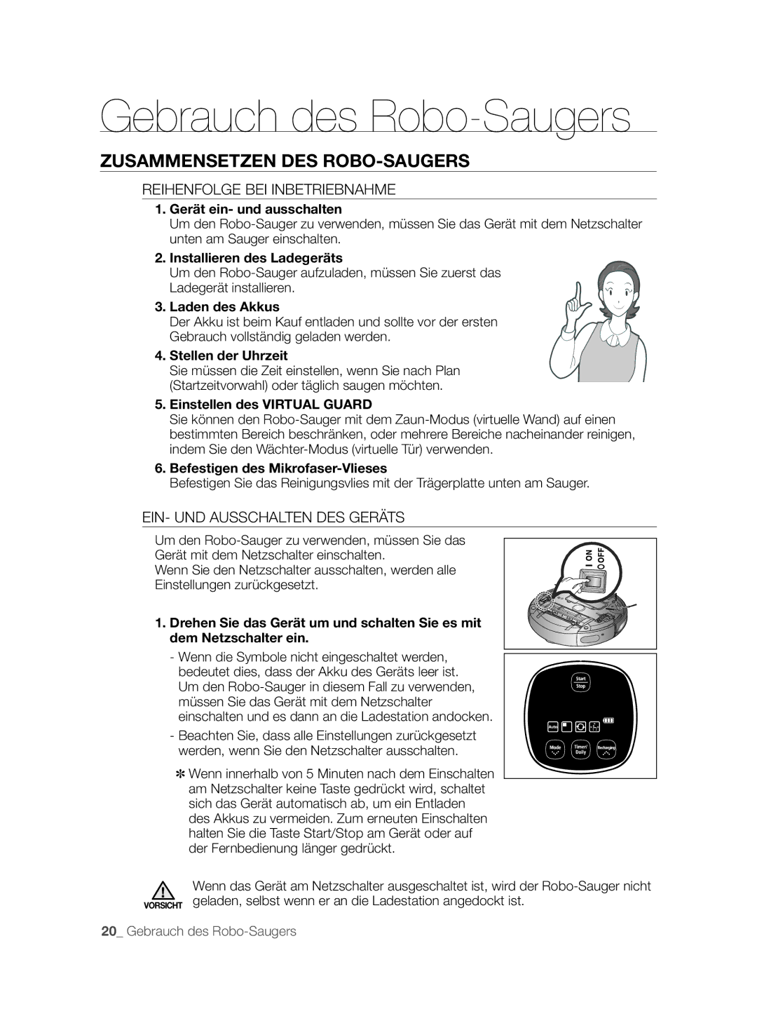 Samsung VCR8896L3B/XEG manual Gebrauch des Robo-Saugers, Zusammensetzen DES ROBO-SAUGERS, Reihenfolge BEI Inbetriebnahme 