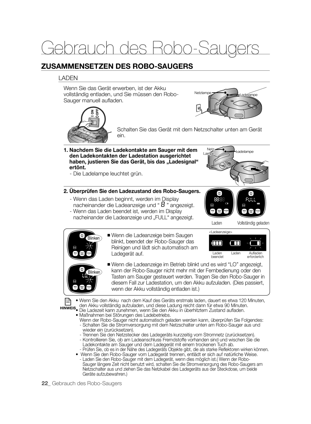 Samsung VCR8896L3R/SWS, VCR8894L3R/XEG, VCR8896L3B/XEG manual Laden, Überprüfen Sie den Ladezustand des Robo-Saugers 