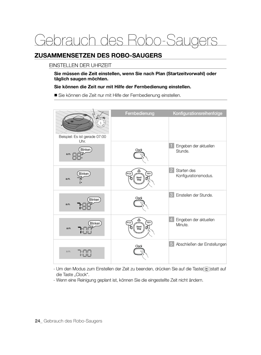 Samsung VCR8894L3R/XEG, VCR8896L3R/SWS, VCR8896L3B/XEG manual Einstellen DER Uhrzeit, Fernbedienung Konfigurationsreihenfolge 