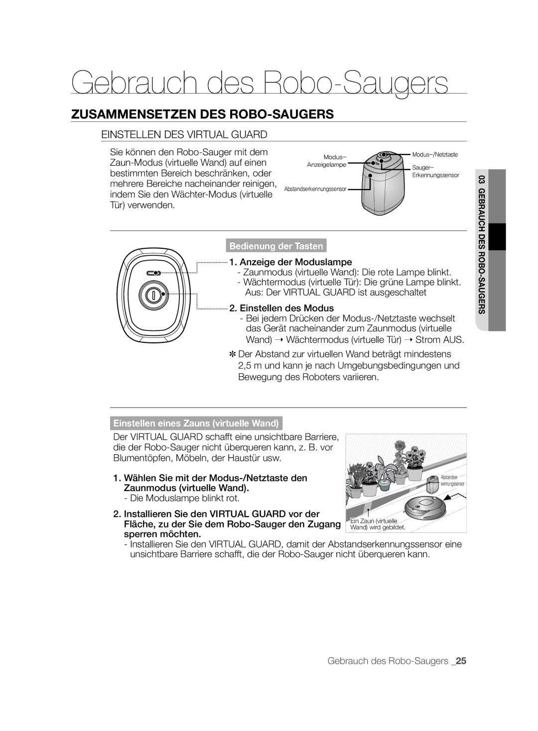 Samsung VCR8896L3R/SWS manual Einstellen DES Virtual Guard, Bedienung der Tasten, Einstellen eines Zauns virtuelle Wand 