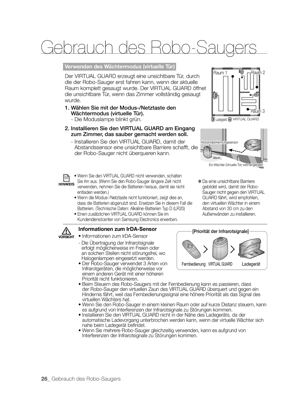 Samsung VCR8896L3B/XEG, VCR8894L3R/XEG manual Verwenden des Wächtermodus virtuelle Tür, Informationen zum IrDA-Sensor 