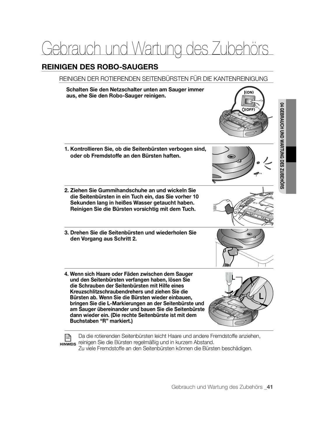 Samsung VCR8896L3B/XEG, VCR8894L3R/XEG, VCR8896L3R/SWS manual Gebrauch und Wartung des Zubehörs 